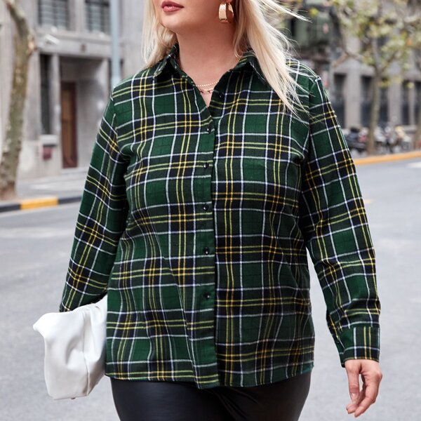 

Plus Plaid Button Front Blouse, Multicolor