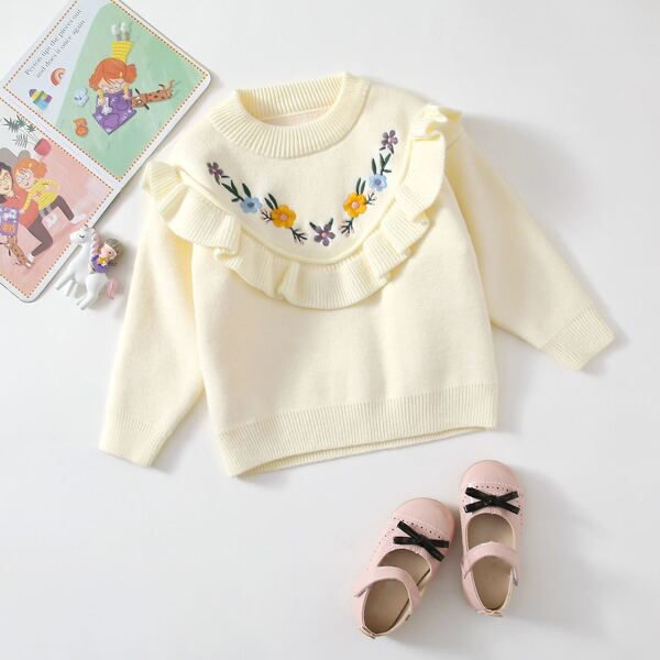 

Toddler Girls Floral Embroidery Ruffle Trim Sweater, Beige