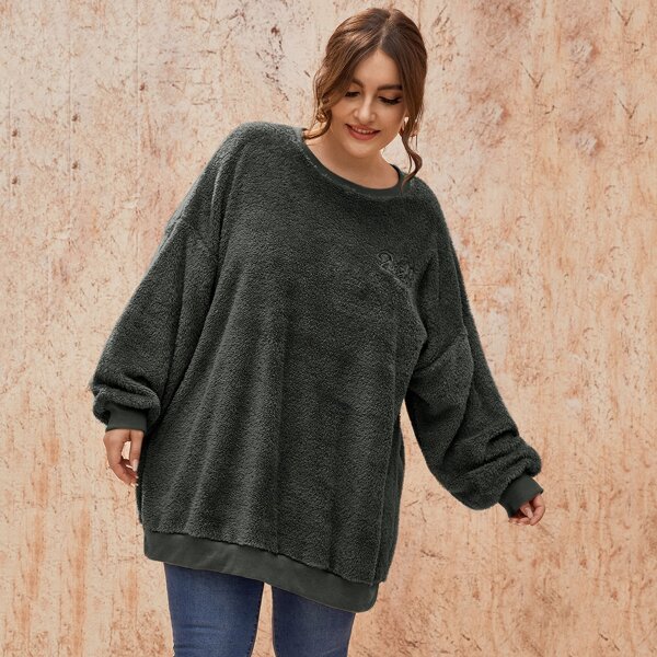 

Plus Letter Graphic Drop Shoulder Oversized Teddy Sweatshirt, Dark grey
