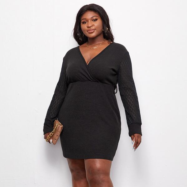 

Plus Solid Surplice Front Dress, Black