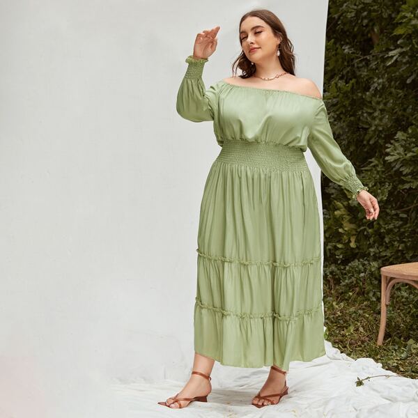 

Plus Bardot Shirred Layered Hem Dress, Mint green