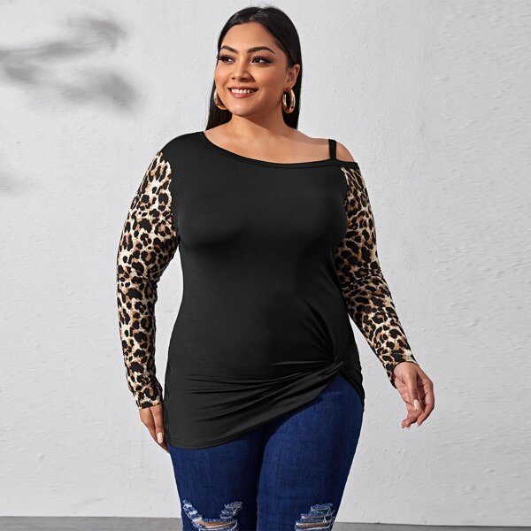 

Plus Asymmetrical Neck Leopard Panel Tee, Black