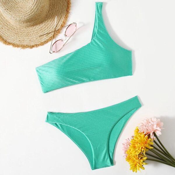 

Textured One Shoulder Bikini Swimsuit, Mint green