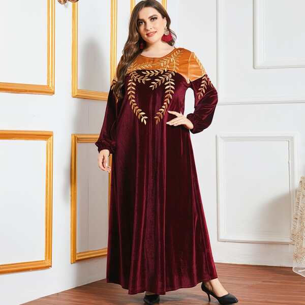 

Plus Velvet Contrast Panel Plants Embroidery Dress, Burgundy