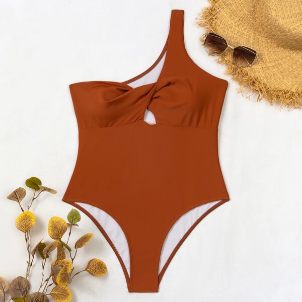 

Twist One Shoulder One Piece Swimsuit, Brown