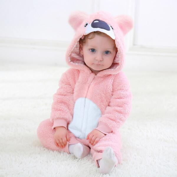 

Baby Unisex Cartoon Graphic 3D Ear Patched Hooded Jumpsuit, Baby pink