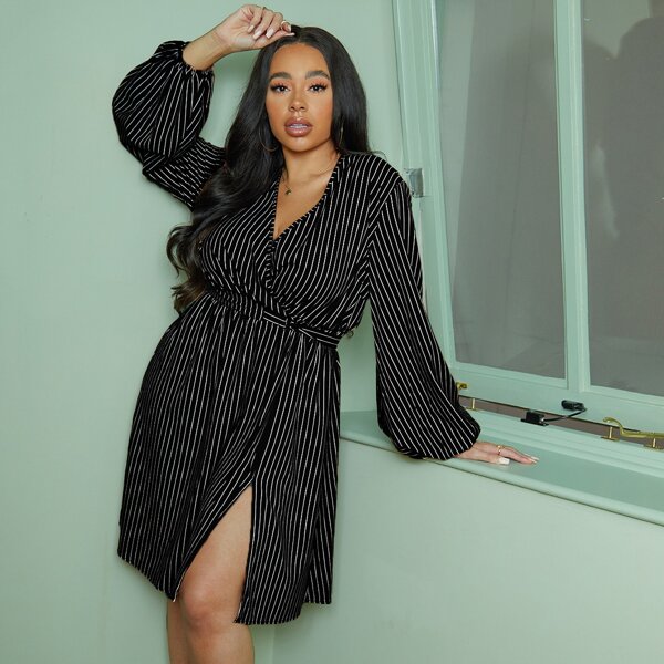 

Plus Surplice Front Split Hem Striped Dress, Black