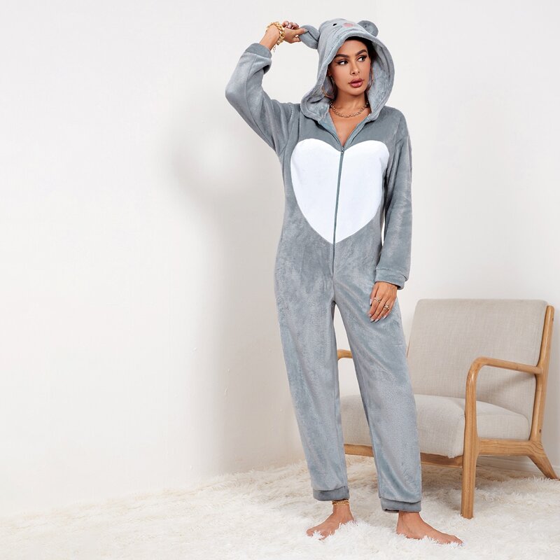 

3D Ear Design Heart Pattern Plush Onesie, Grey