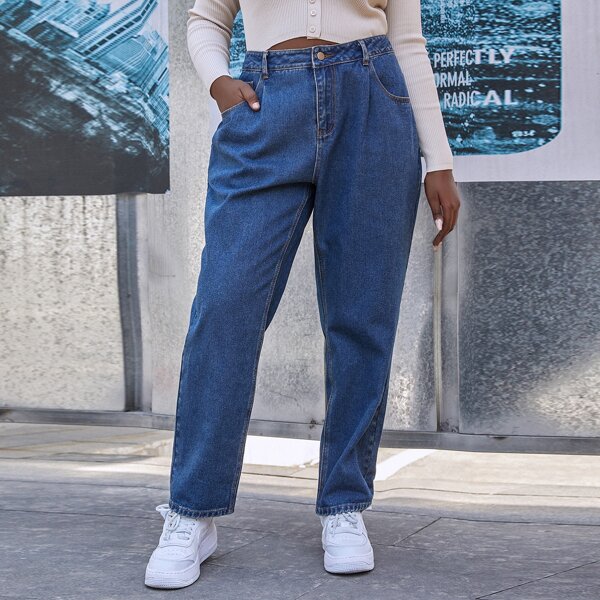 

Plus High Waist Ripped Straight Leg Jeans, Medium wash