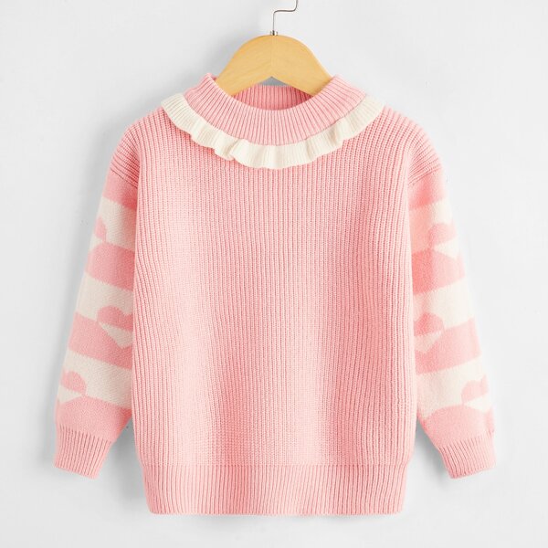 

Girls Heart Print Ruffle Trim Sweater, Baby pink