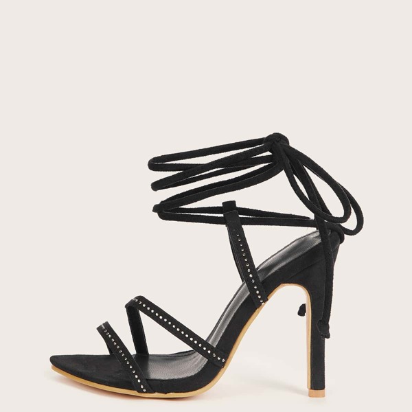 

Tie Leg Open Toe Stiletto Heeled Sandals, Black