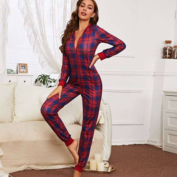 

Zip Front Plaid Pajama Onesie, Multicolor