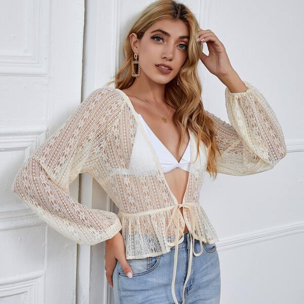 

Sheer Lantern Sleeve Ruffle Hem Knot Front Top, Beige