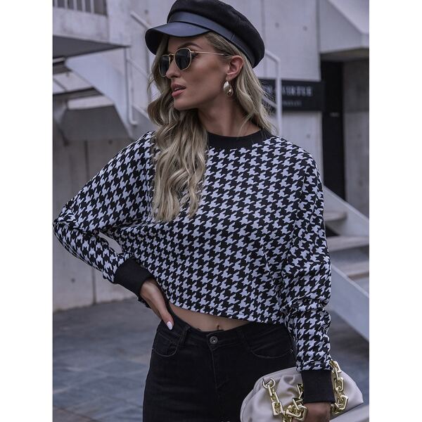 

Houndstooth Drop Shoulder Crop Tee, Black and white