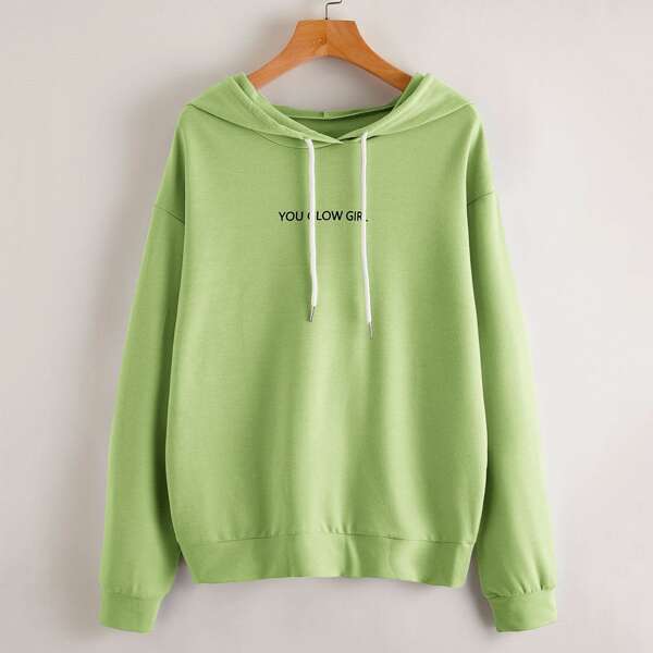 

Slogan Graphic Drawstring Hoodie, Lime green