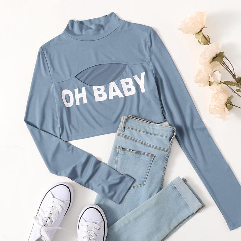 

Mock-neck Cut Out Letter Graphic Tee, Dusty blue