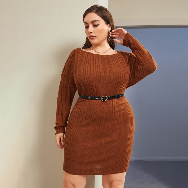 

Plus Drop Shoulder Rib-knit Solid Dress Without Belt, Rust brown
