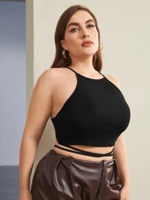 SHEIN Privé 大碼後十字交叉繫帶短版繞頸上衣 - 黑色 - 查看 4