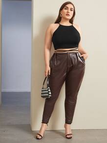 SHEIN Privé 大碼後十字交叉繫帶短版繞頸上衣 - 黑色 - 查看 5