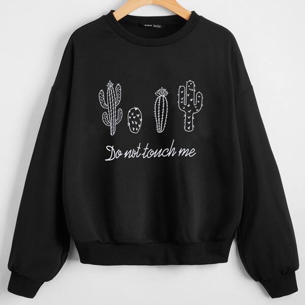 

Plants & Slogan Graphic Drop Shoulder Sweatshirt, Black