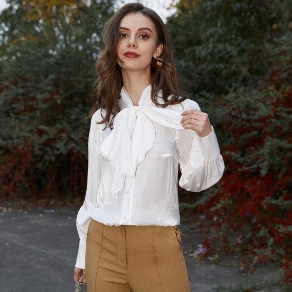 

Tie Neck Button Up Satin Blouse, White