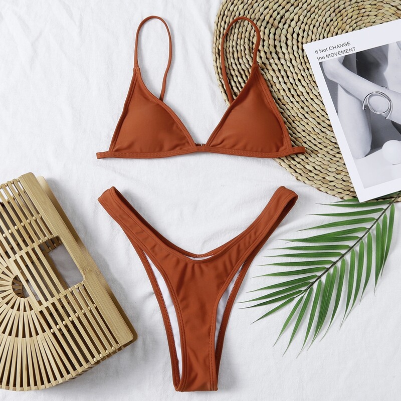 

Solid Triangle High Cut Bikini Swimsuit, Burnt orange