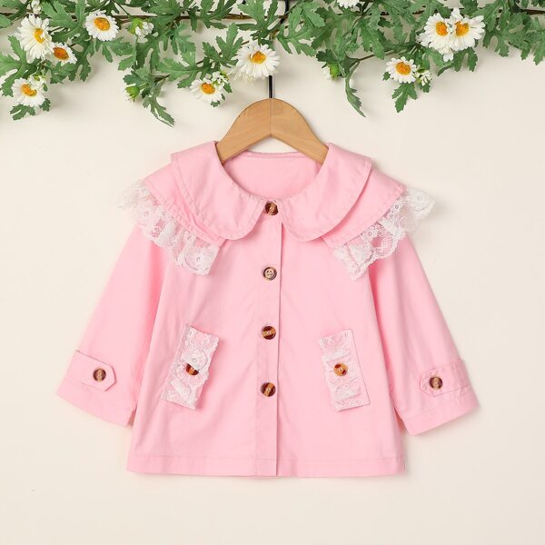 

Baby Girl Lace Panel Peter Pan Collar Coat, Baby pink
