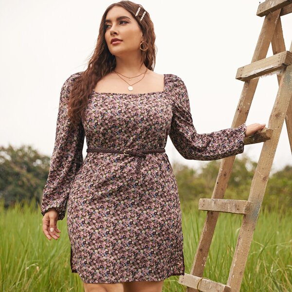 

Plus Square Neck Ditsy Floral Dress Without Belt, Multicolor