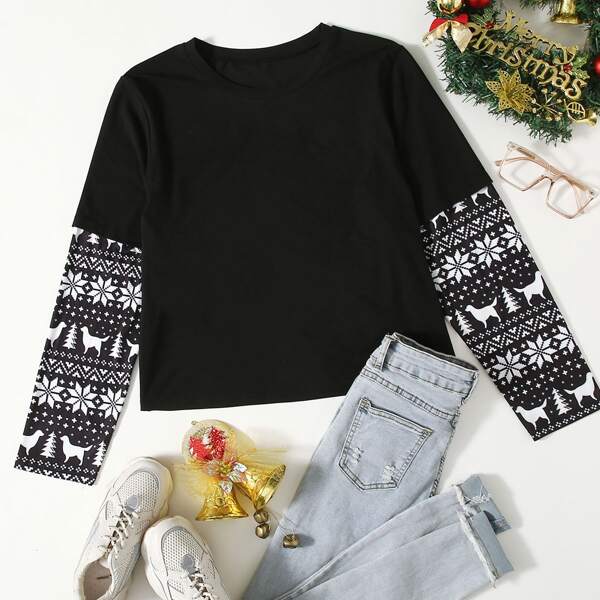 

Plus Christmas Panel Crew Neck Tee, Black