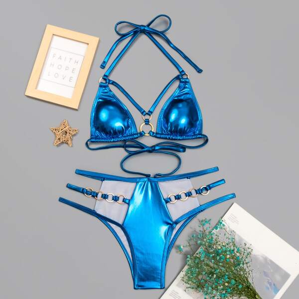

Metallic Ring Linked Micro Triangle Bikini Swimsuit, Royal blue