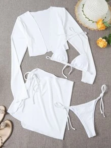 4套菱形鑲邊三角泳衣套裝，夏季沙灘必備 - 白色 - 查看 4