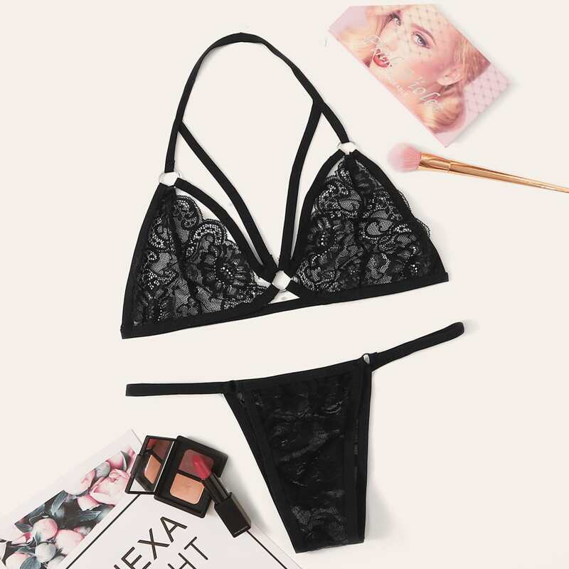 

Floral Lace Halter Lingerie Set, Black
