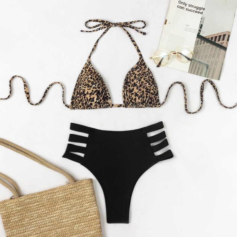 

Leopard Cut-out Side Triangle Bikini Swimsuit, Multicolor