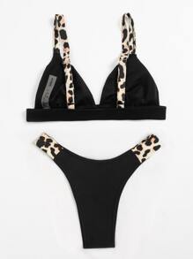 SHEIN Swim 豹紋邊微三角比基尼套裝，適用於夏季沙灘 - 黑色 - 查看 2