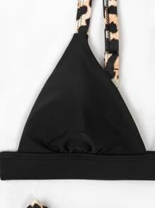 SHEIN Swim 豹紋邊微三角比基尼套裝，適用於夏季沙灘 - 黑色 - 查看 4
