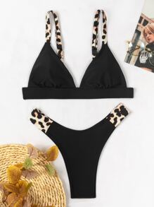 SHEIN Swim 豹紋邊微三角比基尼套裝，適用於夏季沙灘 - 黑色 - 查看 5