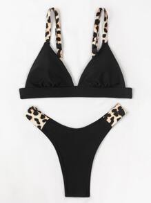 SHEIN Swim 豹紋邊微三角比基尼套裝，適用於夏季沙灘 - 黑色 - 查看 7
