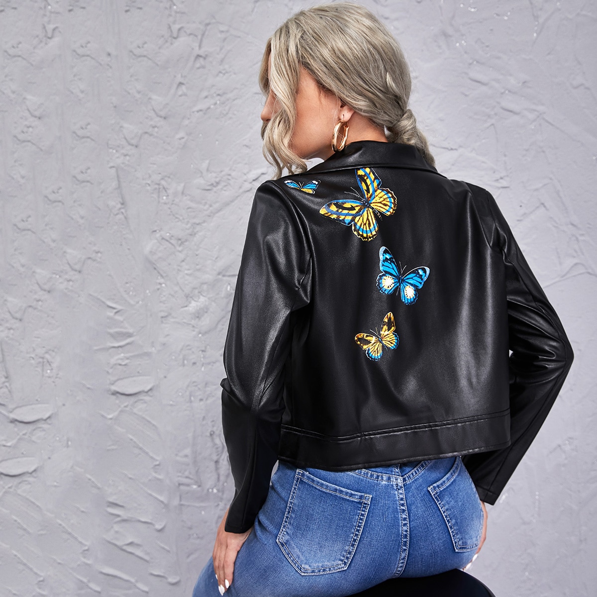 Image of Butterfly Print PU Leather Biker Jacket