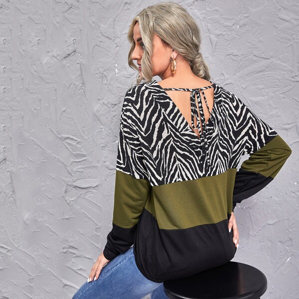 

Tie Back Zebra Striped Colorblock Sweatshirt, Multicolor