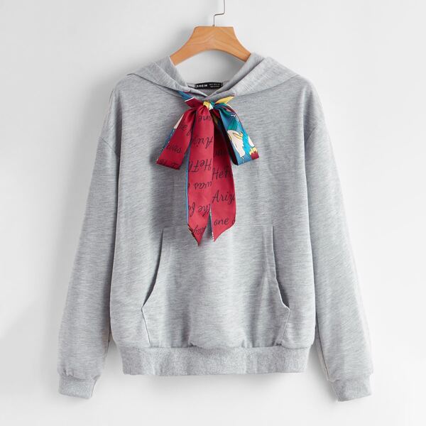 

Kangaroo Pocket Letter Graphic Drawstring Hoodie, Light grey