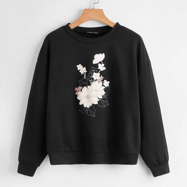 

Floral Print Drop Shoulder Sweatshirt, Black