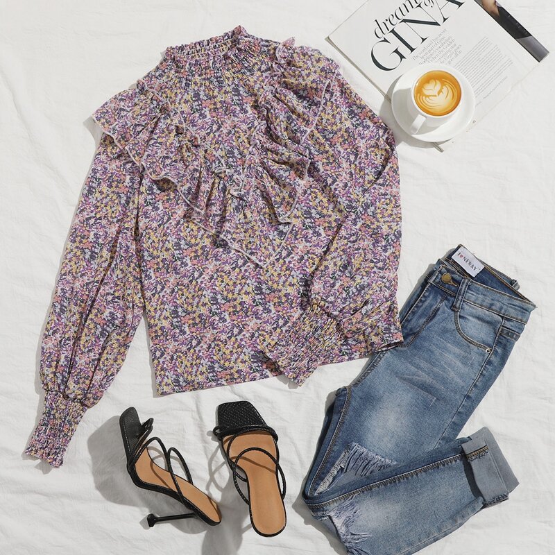 

Ditsy Floral Print Ruffle Trim Shirred Top, Multicolor