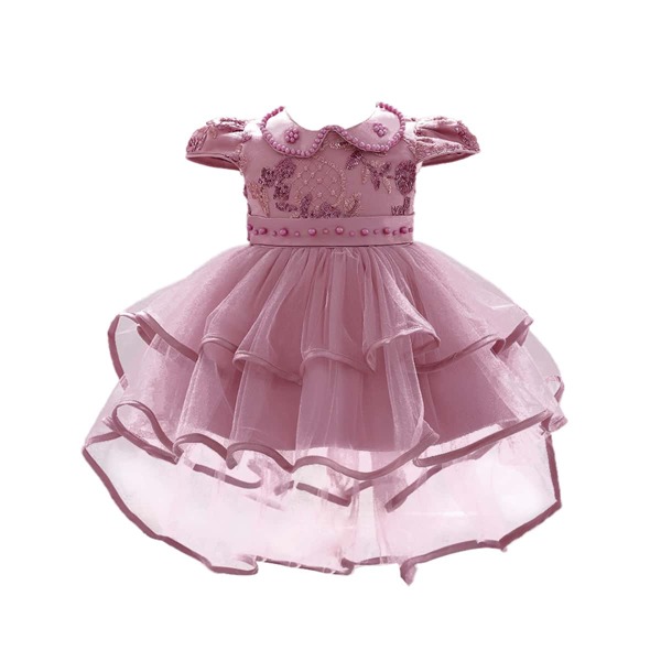 

Baby Girl Pearls Mesh Panel Layered Gown Dress, Dusty pink