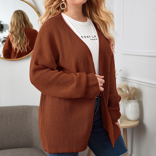 

Plus Drop Shoulder Waffle Knit Cardigan, Rust brown