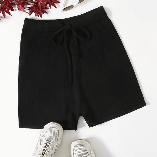 

Plus Solid Drawstring Waist Sweater Shorts, Black