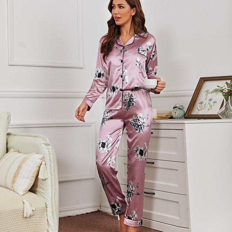 

Satin Floral Night Set, Dusty pink