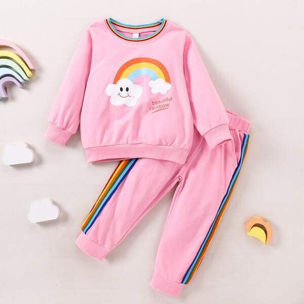 

Toddler Girls Cartoon Graphic Sweatshirt With Rainbow Stripe Tape Joggers, Pink