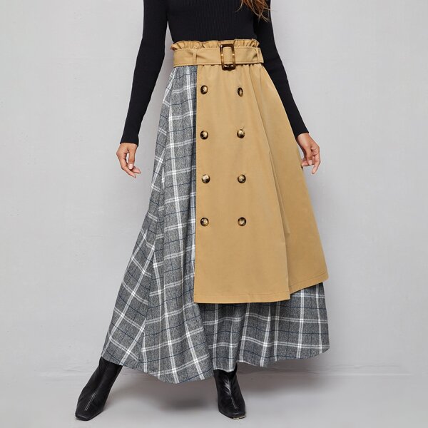 

Paperbag Waist Belted Colorblock Plaid Skirt, Multicolor