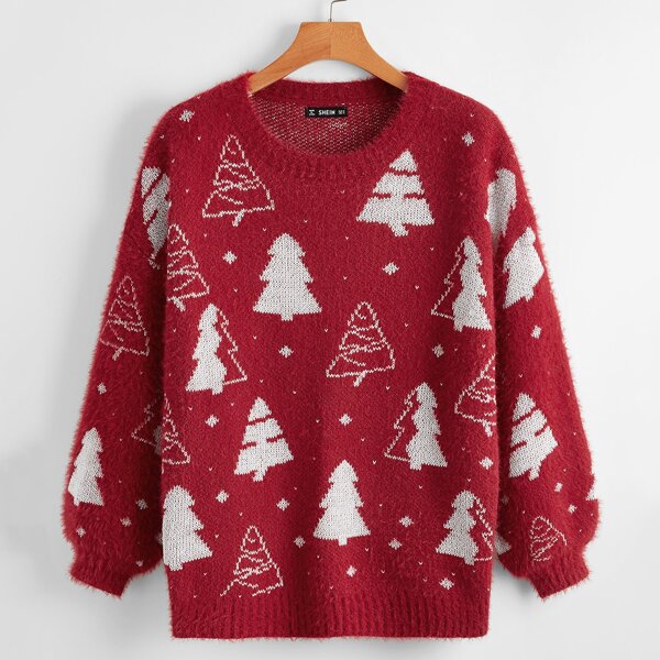 

Christmas Tree Pattern Fuzzy Sweater, Red