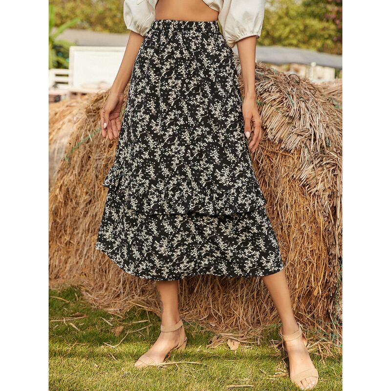 

Ditsy Floral Print Layered Skirt, Black